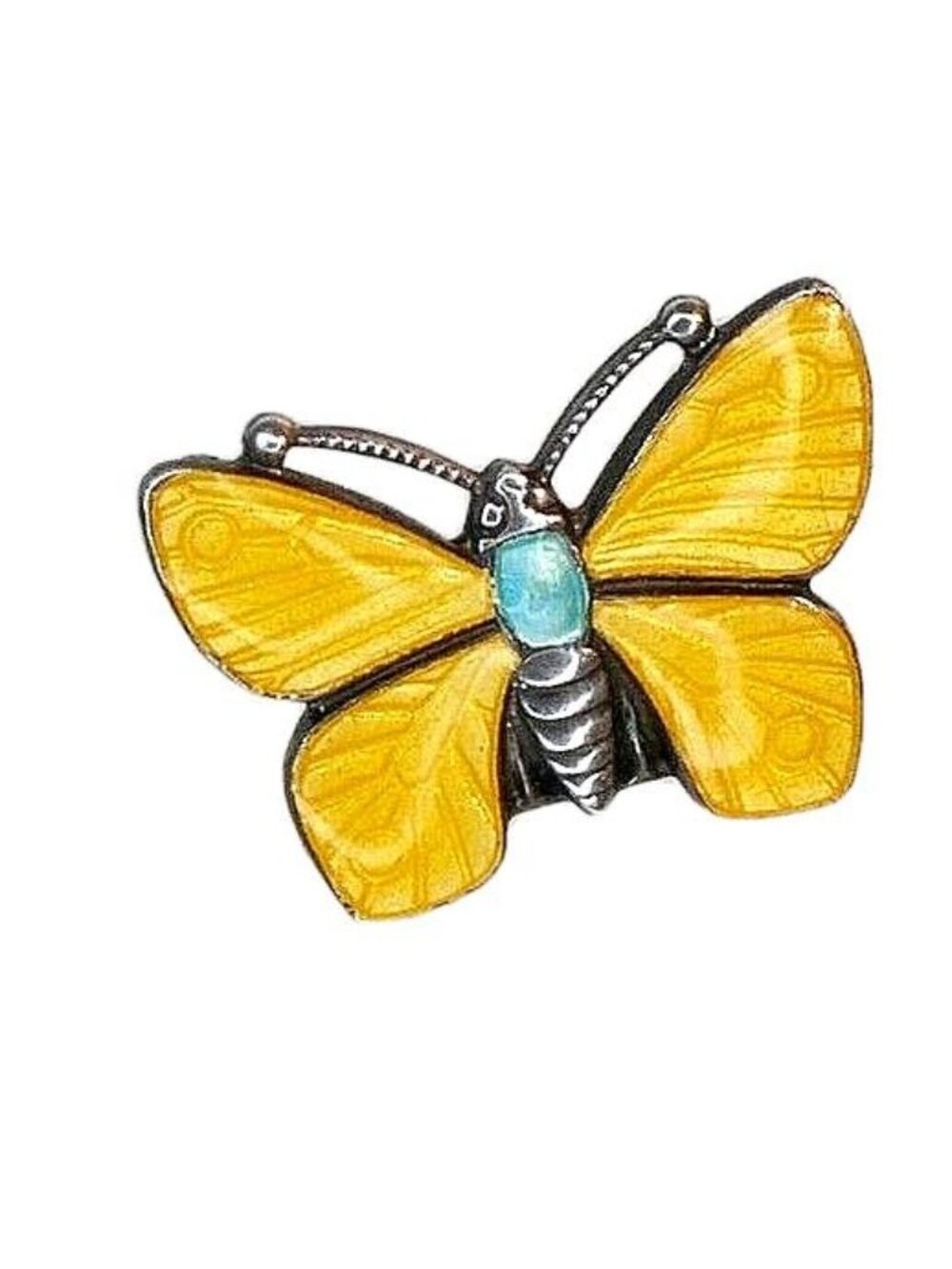 Vintage Sterling Silver Yellow Guilloche Enamel Butterfly Brooch Pin 3/4" Mid Ce
